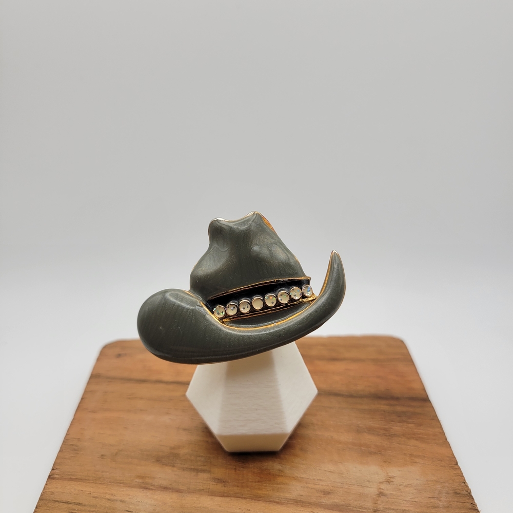 Layered in 18K Gold Gray and Gold Cowboy Hat Brooch Hand Painted
